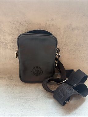 Moncler Black Leather Belt Bag with Wide Logo Strap